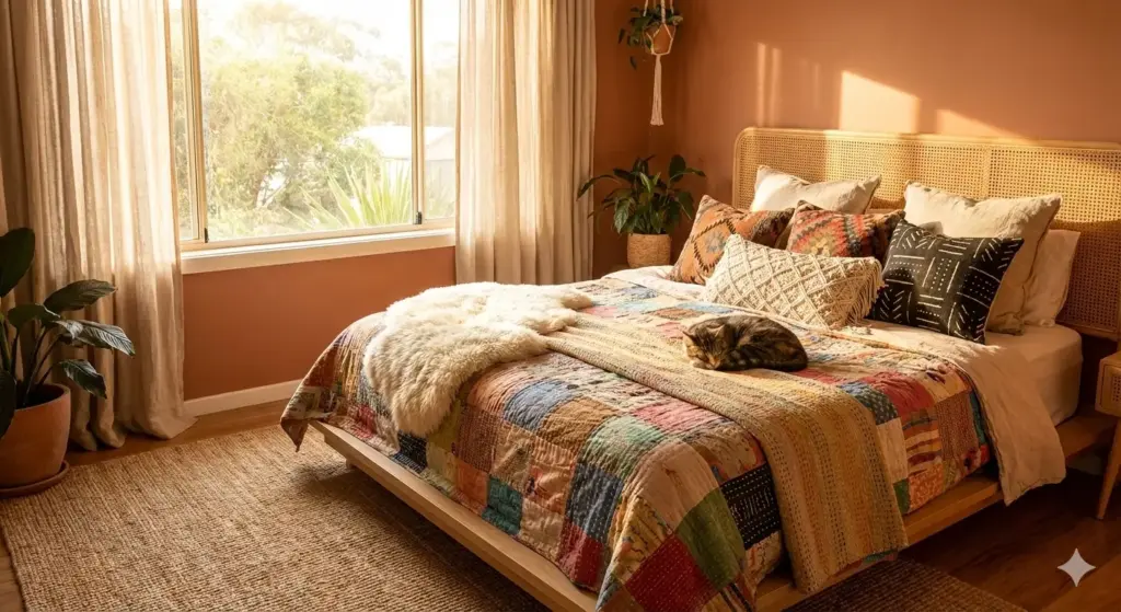 Bohemian bedroom with layered bedding, textured throws, and eclectic pillows