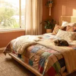 寝具を重ねたボヘミアンなベッドルーム、質感のあるスロー、折衷的な枕
