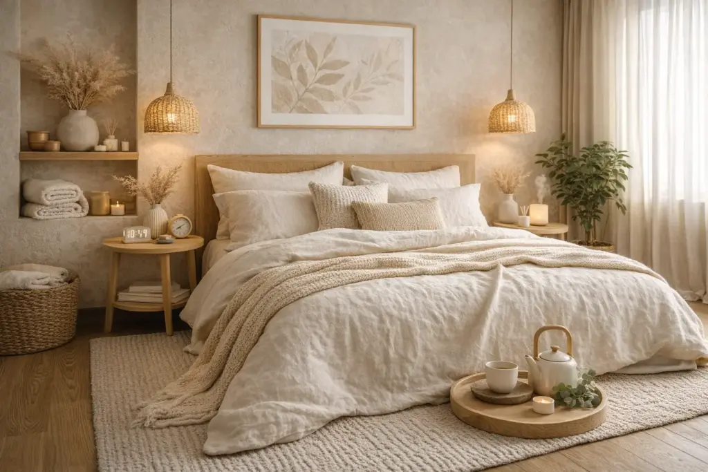 オーガニックコットンの高級寝具で快適なホテルルーム