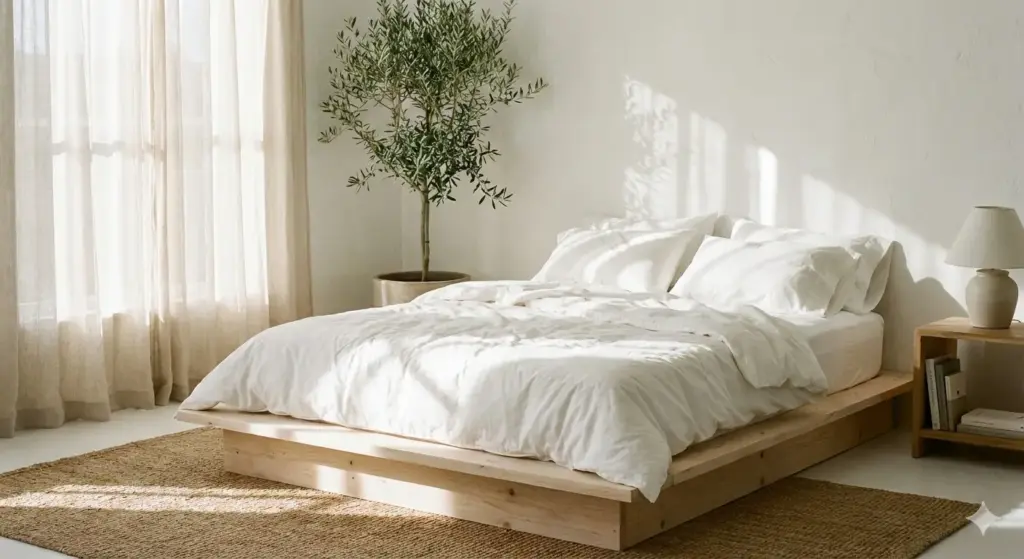 فراش من القطن العضوي في غرفة نوم نظيفة وعصرية لنوم صحي أكثر