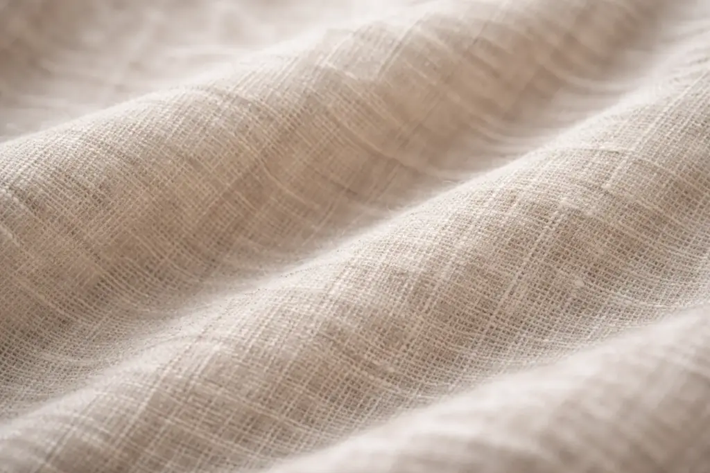 Close-up of washed linen fabric texture with natural flax fibers