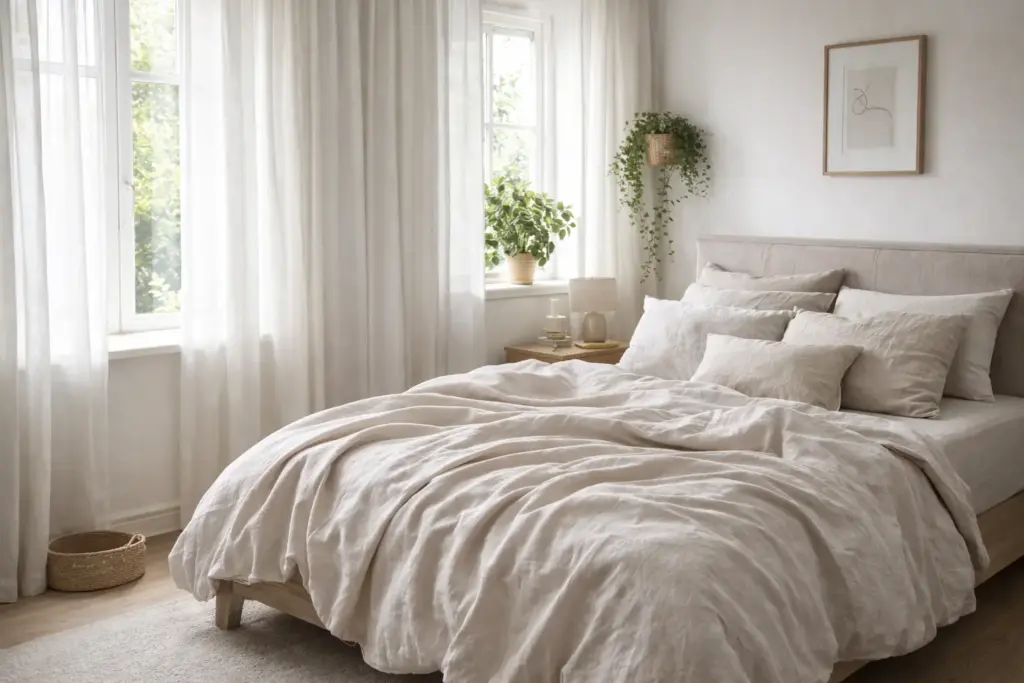 Washed linen sheets styled on a modern bed for soft and breathable comfort