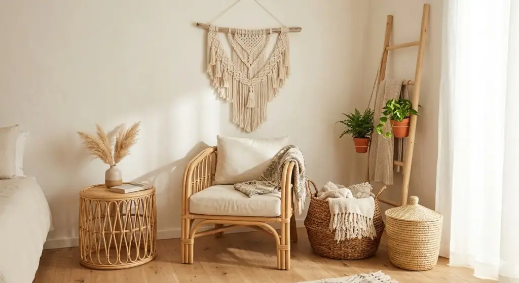 Bohème-Schlafzimmerdekoration mit Rattanmöbeln, geflochtenen Körben und Makramee-Wandkunst