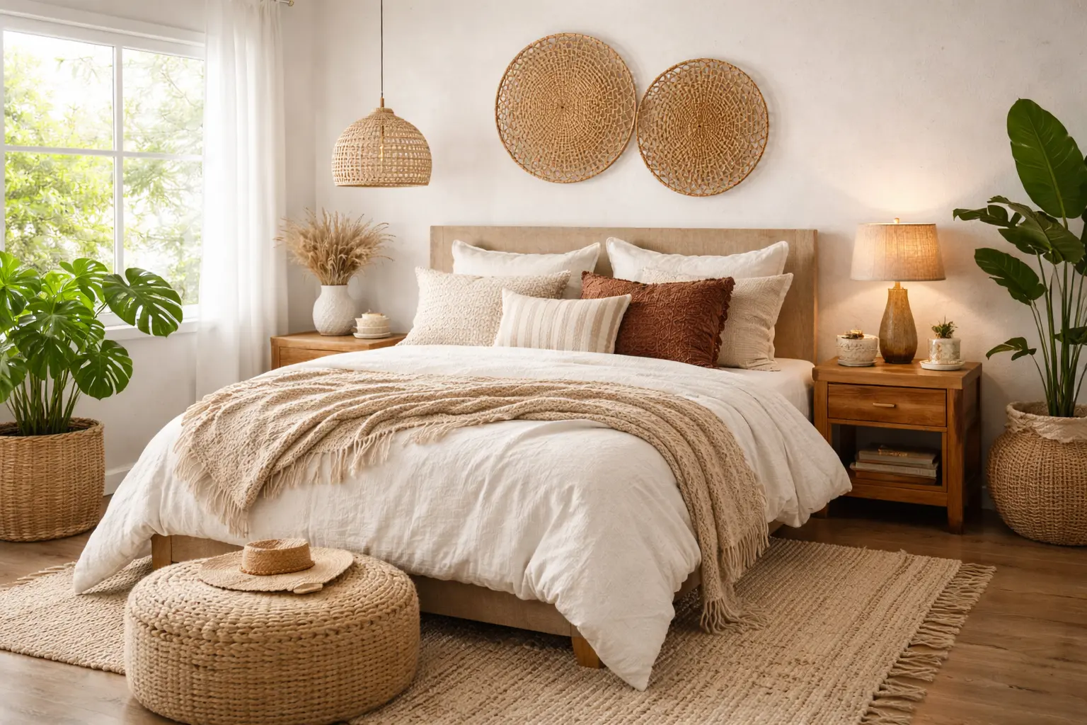 Schlafzimmer im Boho-Stil mit mehrschichtigen Bettwaren, erdigen Farben und natürlichem Dekor