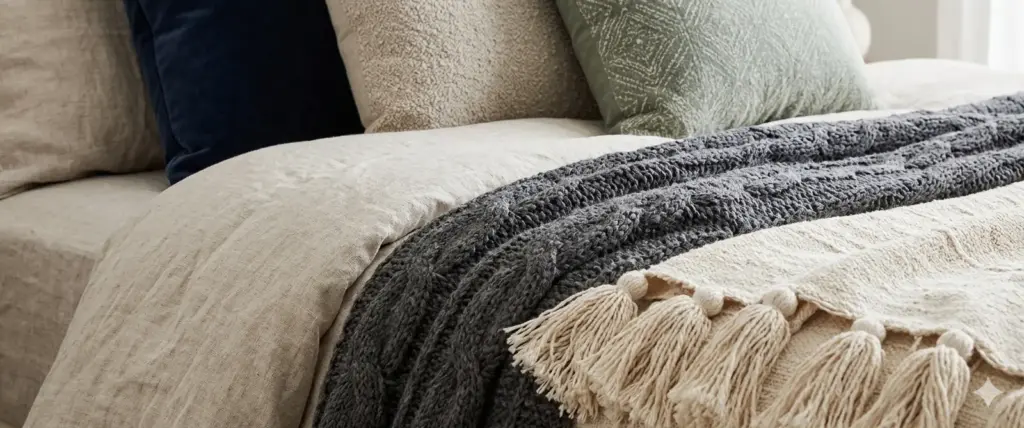 Mehrschichtige Bohème-Bettwäsche mit Leintüchern, strukturierten Decken und dekorativen Kissen