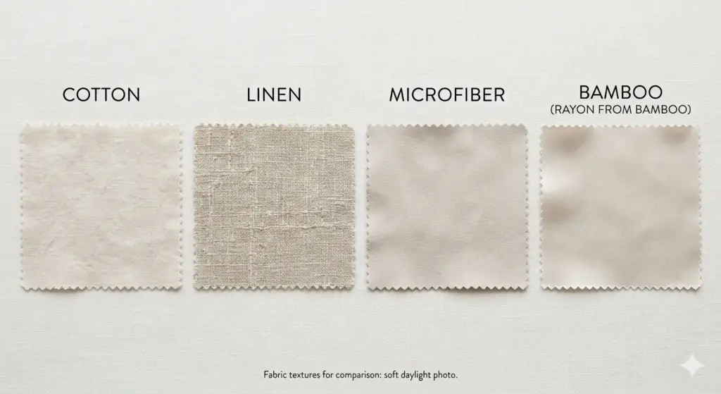 مقارنة أنسجة أغطية السرير من القطن والكتان والميكروفايبر والخيزران من حيث الملمس