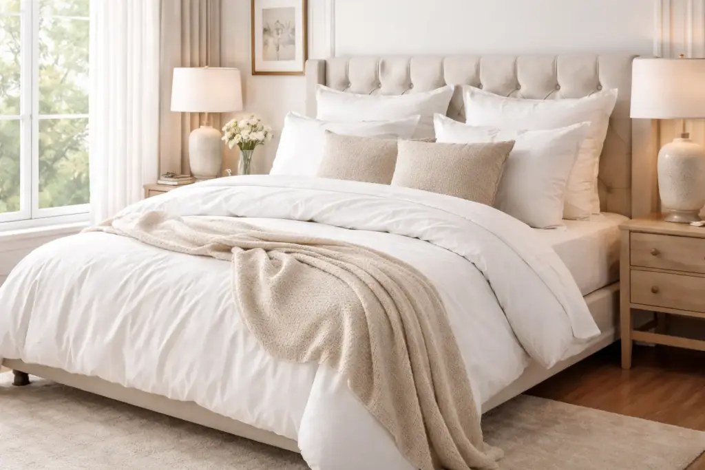 luxury bedding set in modern bedroom with soft cotton duvet and pillows