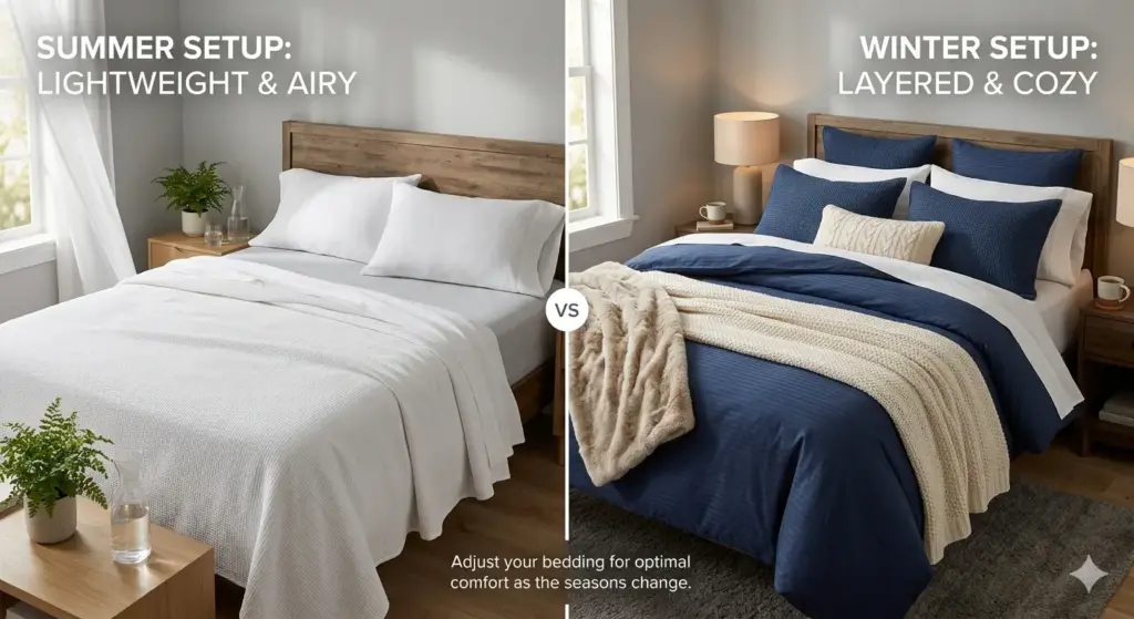 مفروشات الصيف مقابل الشتاء: مقارنة بين الألحفة الخفيفة والمتعددة الطبقات