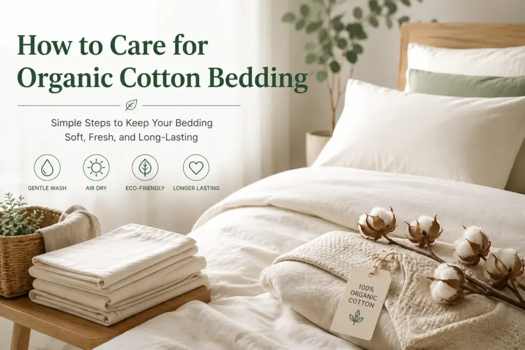 organic cotton bedding care guide in a modern sustainable bedroom